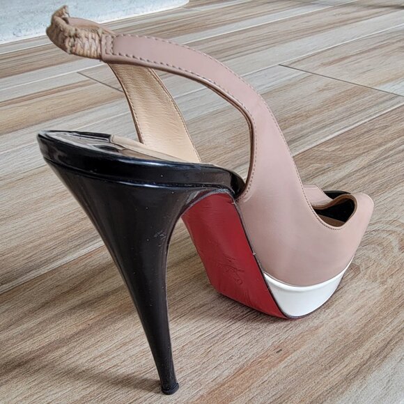 Christian Louboutin Nude/White/Black Patent Leather Lady Peep Slingback 150mm - Picture 8 of 15